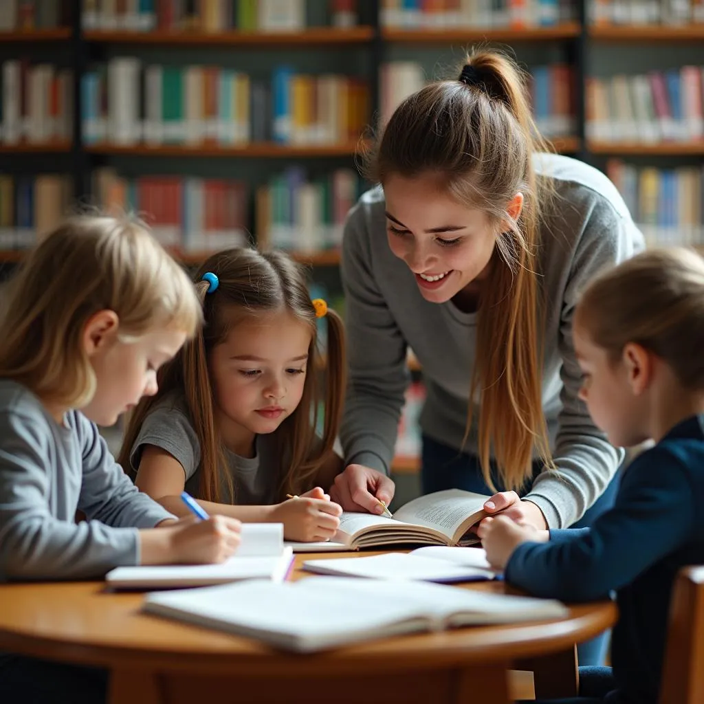 Teacher assisting students in a library