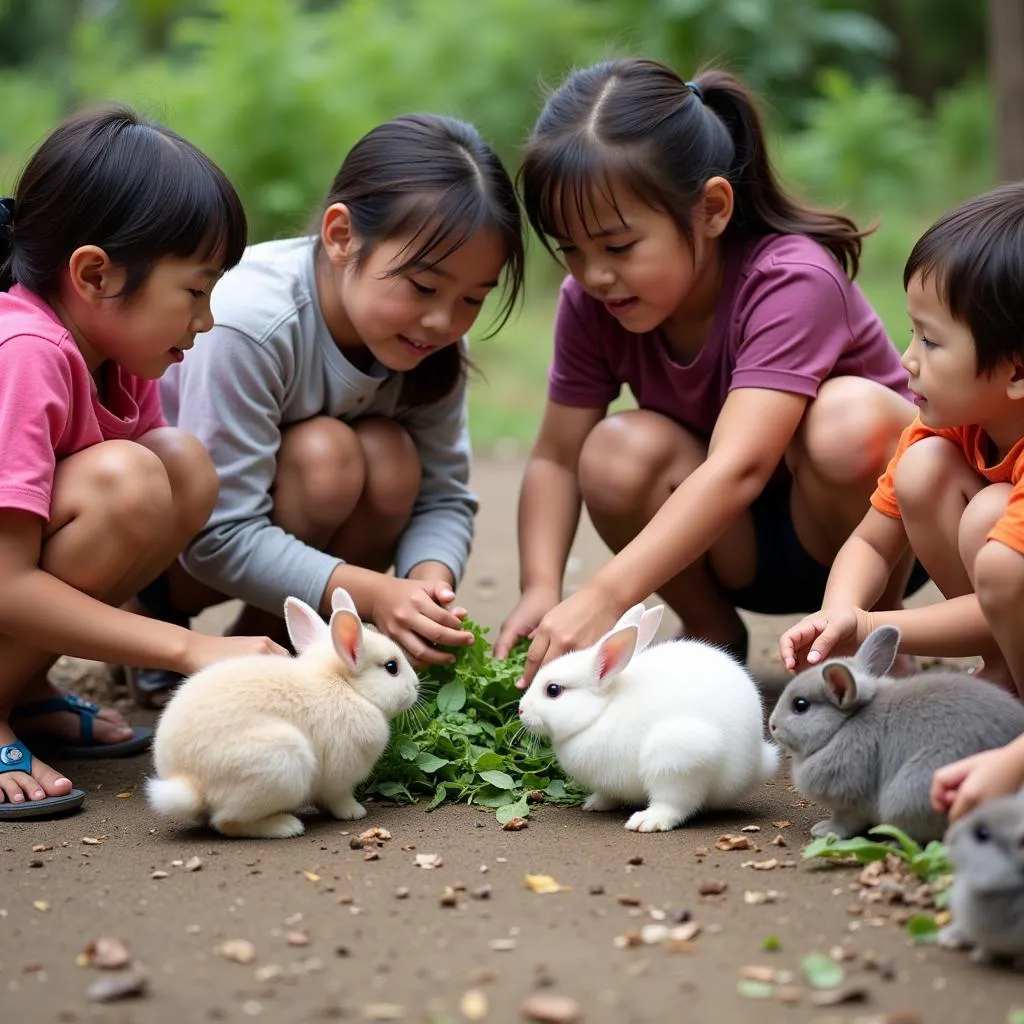 Các em nhỏ đang cho thỏ ăn tại Việt Village