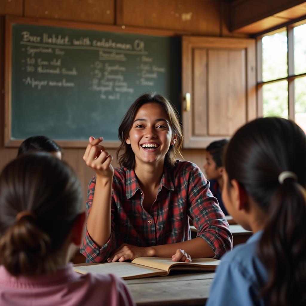 A young female teacher interacts with students in a rural classroom