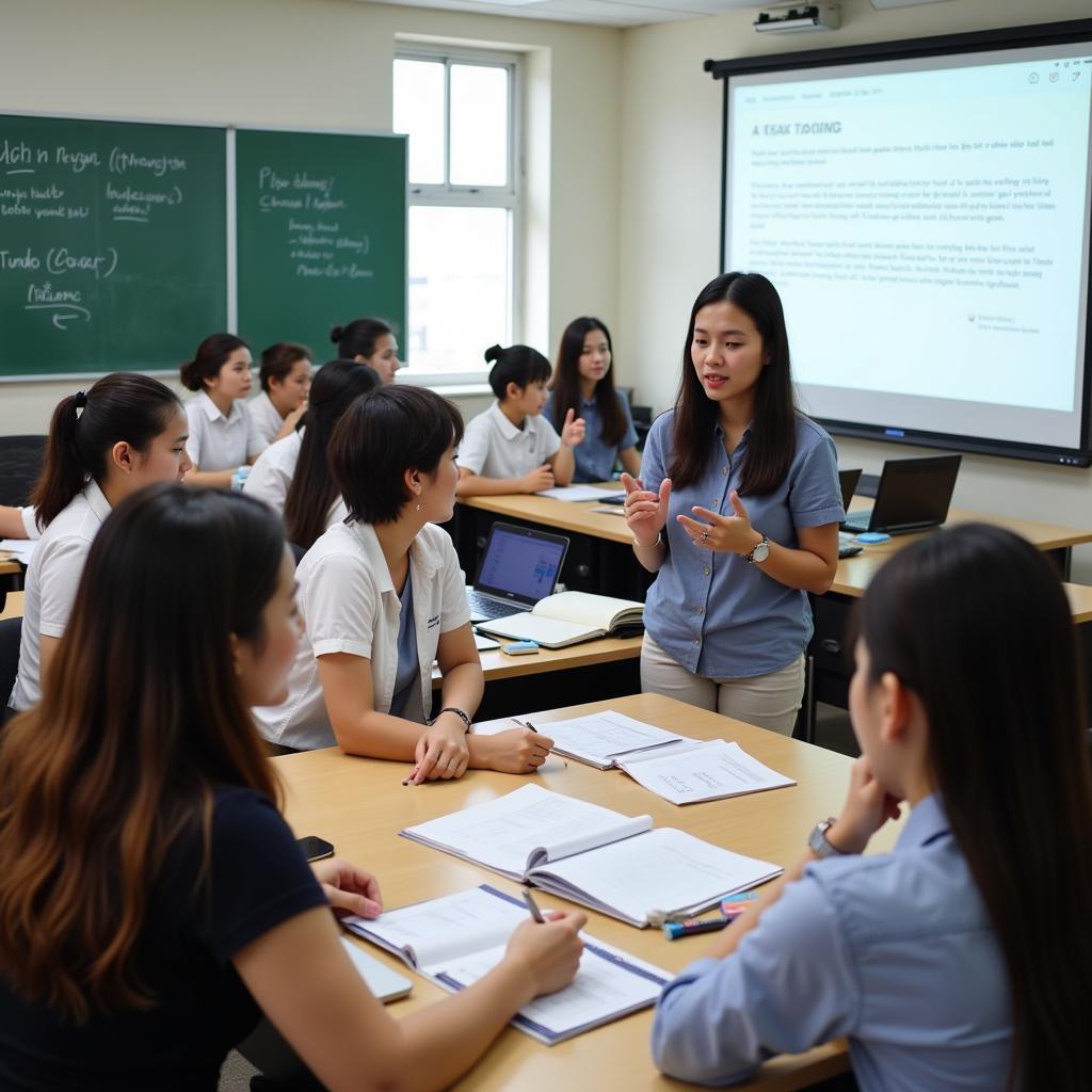 Hình ảnh minh họa về giáo viên và học sinh đang thảo luận sôi nổi trong lớp học, thể hiện sự đổi mới phương pháp dạy học.