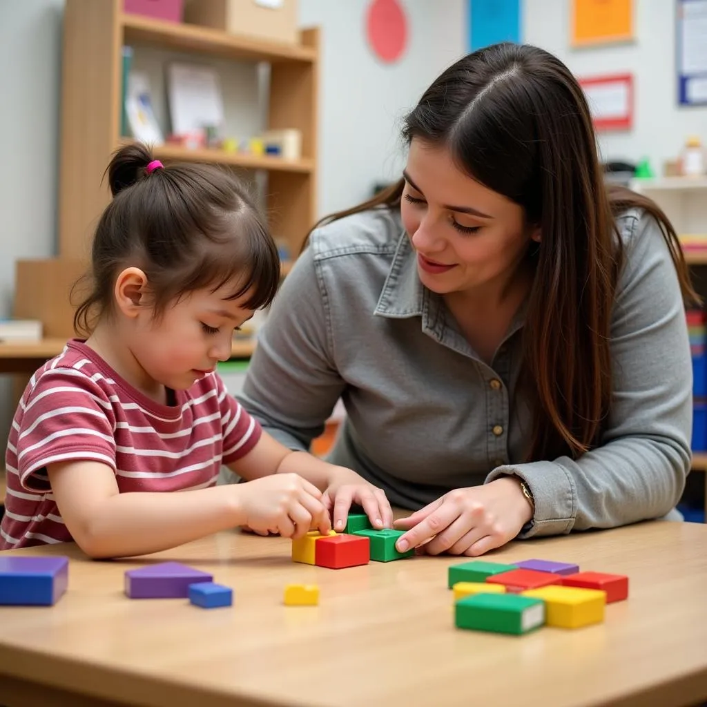  A teacher and a student working together in a classroom setting, using a hands-on activity to learn about a subject.