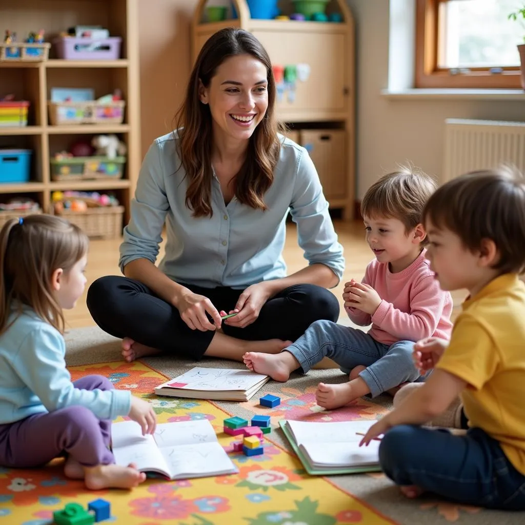 A teacher observing children in a classroom setting, engaging with learning materials and interacting with each other.