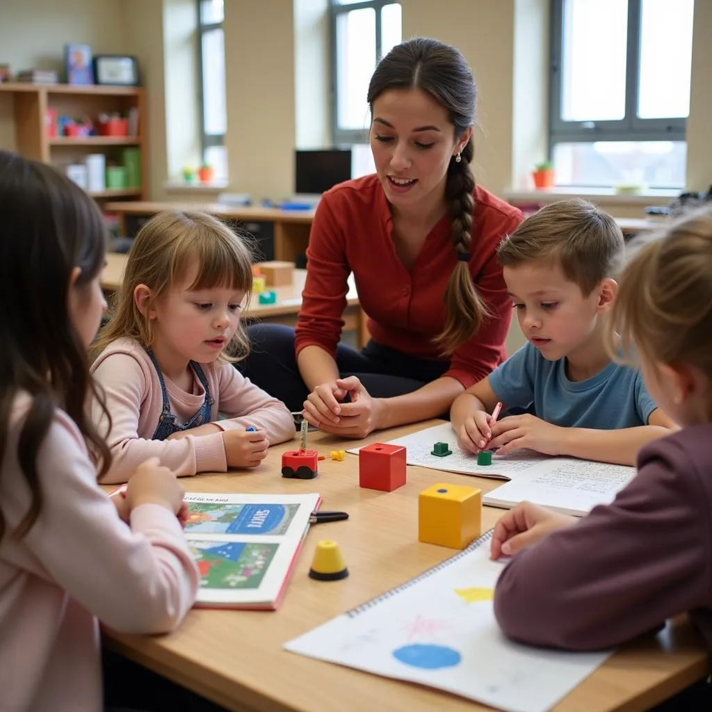 A teacher observing children in a classroom setting, engaging with learning materials and interacting with each other.