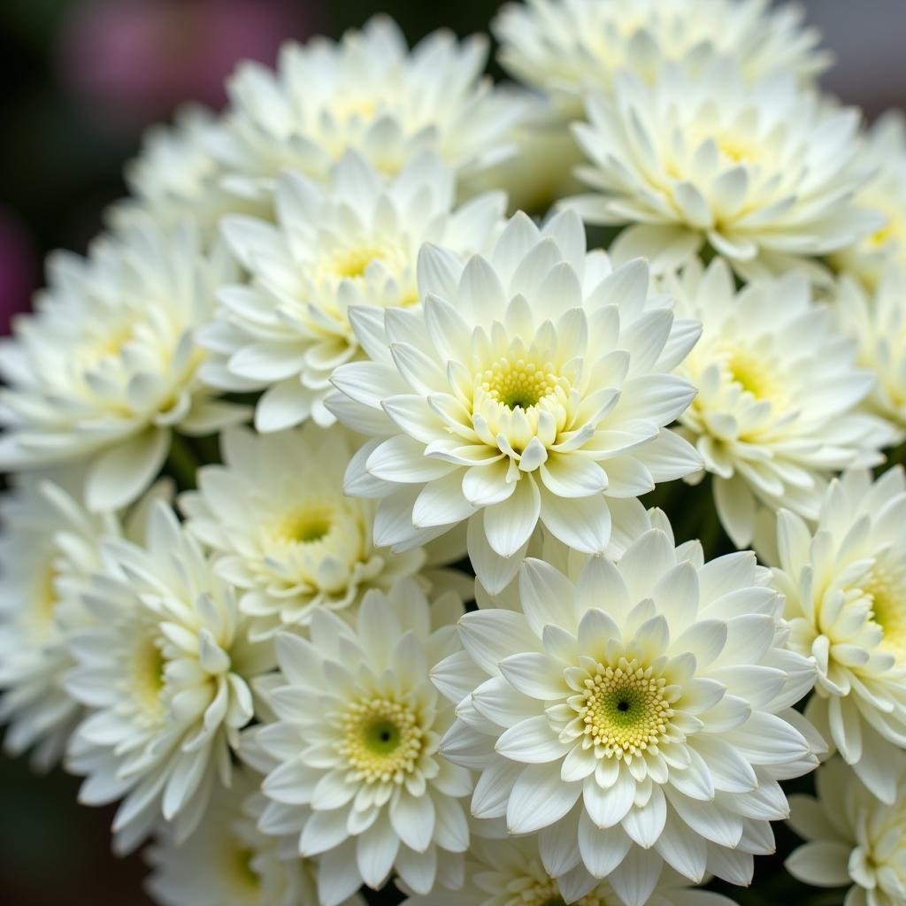 White chrysanthemums, a symbol of remembrance, at the funeral