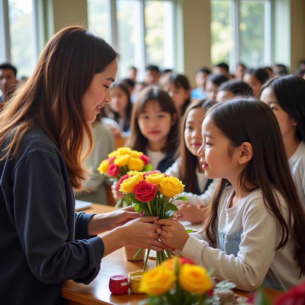 Hình ảnh học sinh tặng hoa cho thầy cô nhân ngày 20/11