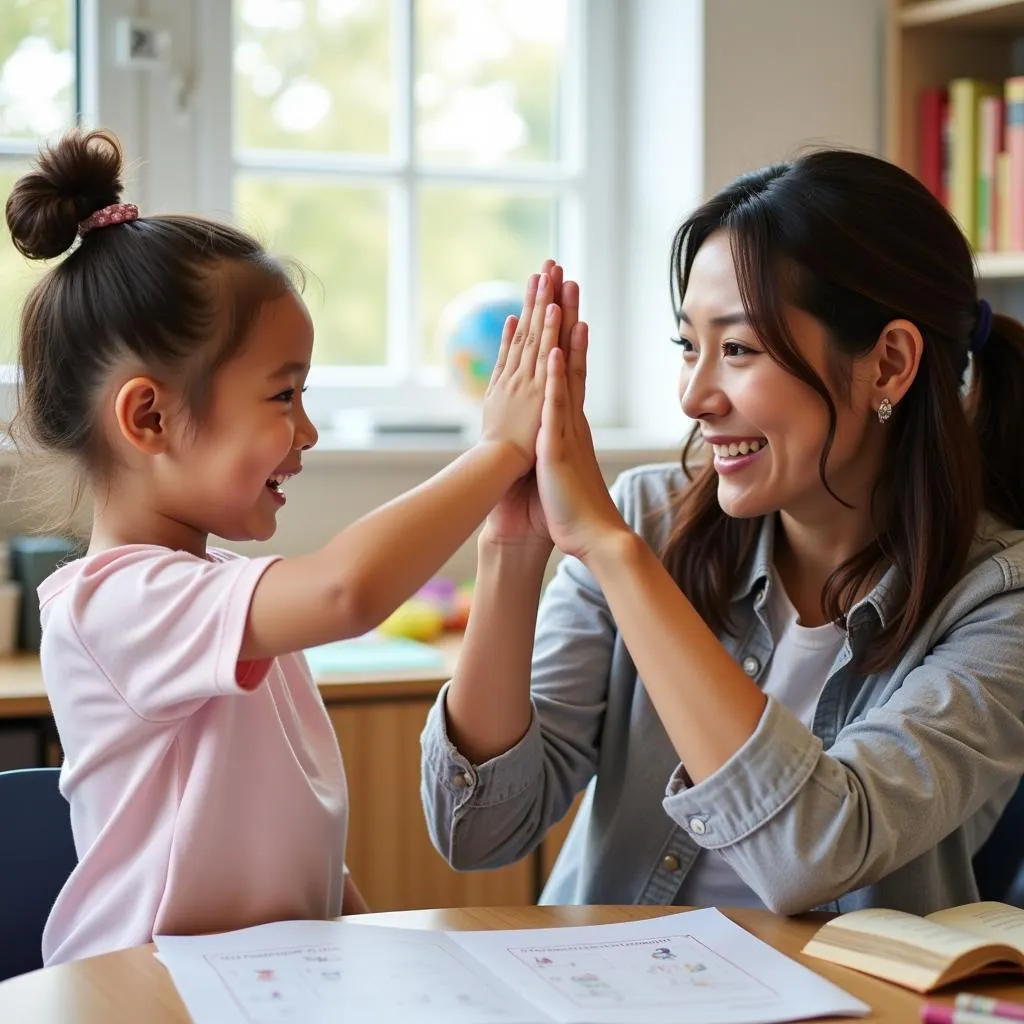  A teacher giving a young child a high five and a smile, celebrating their achievement.