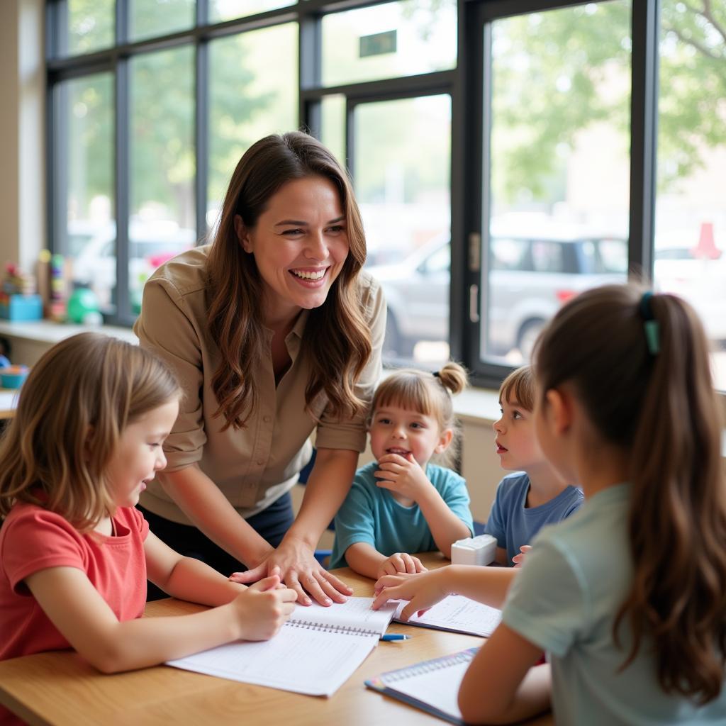 Cơ hội việc làm giáo dục mầm non tại Úc: Hình ảnh giáo viên mầm non đang tương tác với trẻ em trong một môi trường học tập hiện đại.