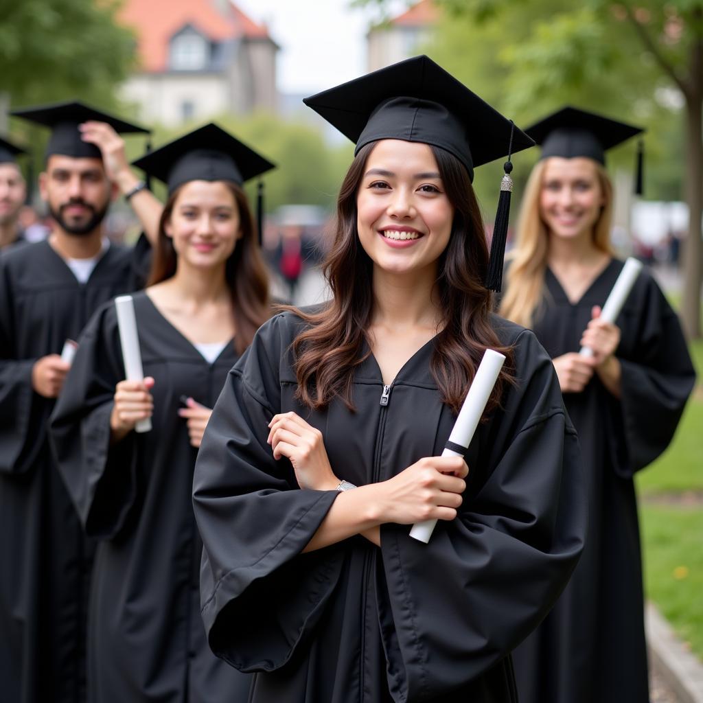 Sinh viên tốt nghiệp đại học với nụ cười rạng rỡ, cầm trên tay tấm bằng đại học.