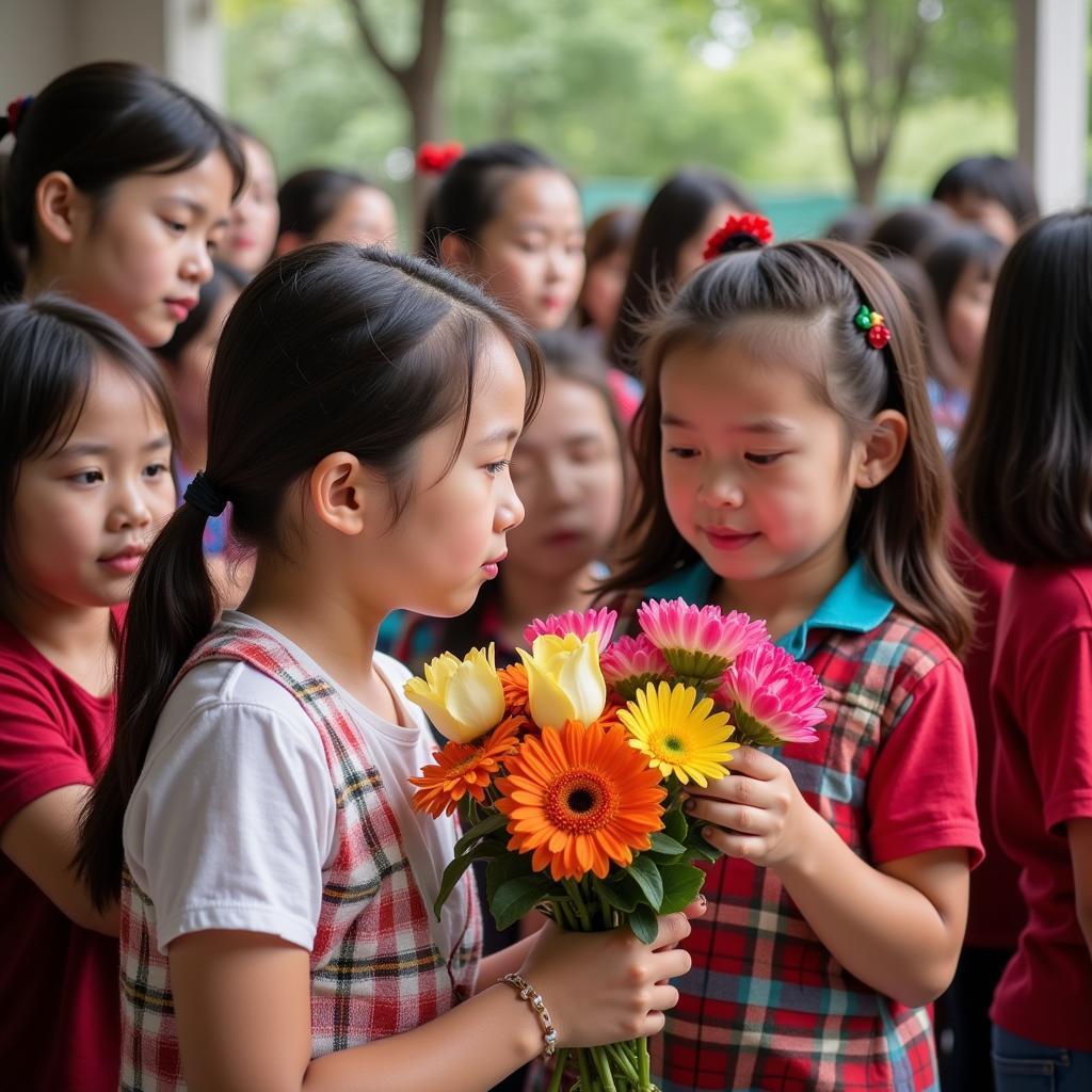 Học sinh dâng hoa tưởng nhớ công ơn