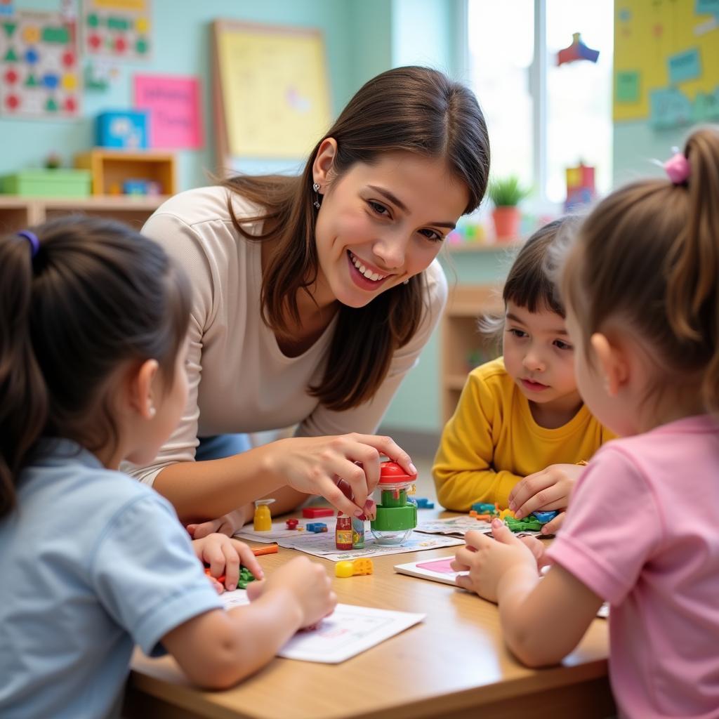 Giáo dục mầm non lấy trẻ làm trung tâm: Hình ảnh minh họa cô giáo đang hướng dẫn các em nhỏ học tập thông qua các hoạt động vui chơi.