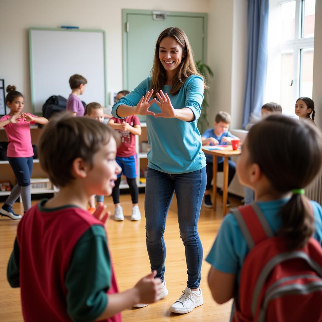 Teacher guiding morning exercises