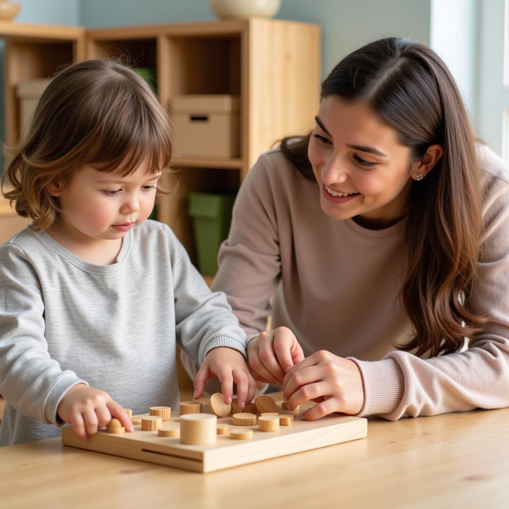 Giáo viên Montessori hướng dẫn trẻ sử dụng giáo cụ