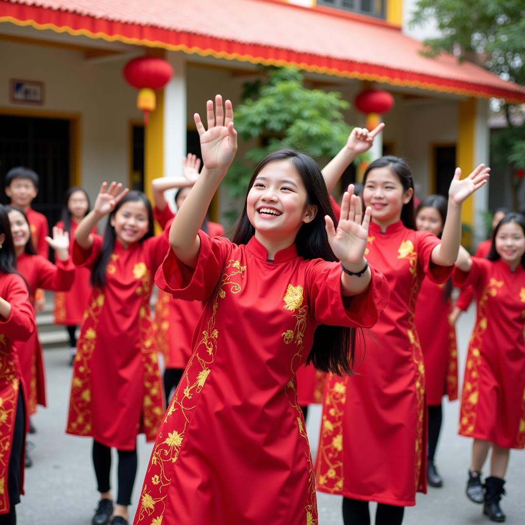 Học sinh Hà Nội trong trang phục áo dài tham gia flashmob chào mừng ngày 20/11