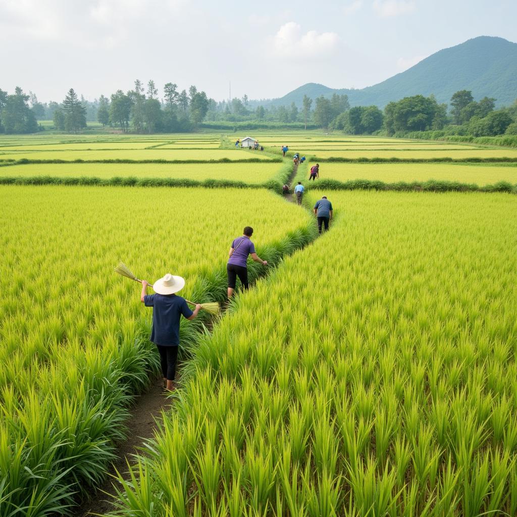 Nghĩa vụ lao động của công dân được thể hiện qua hình ảnh người nông dân đang làm việc trên đồng ruộng