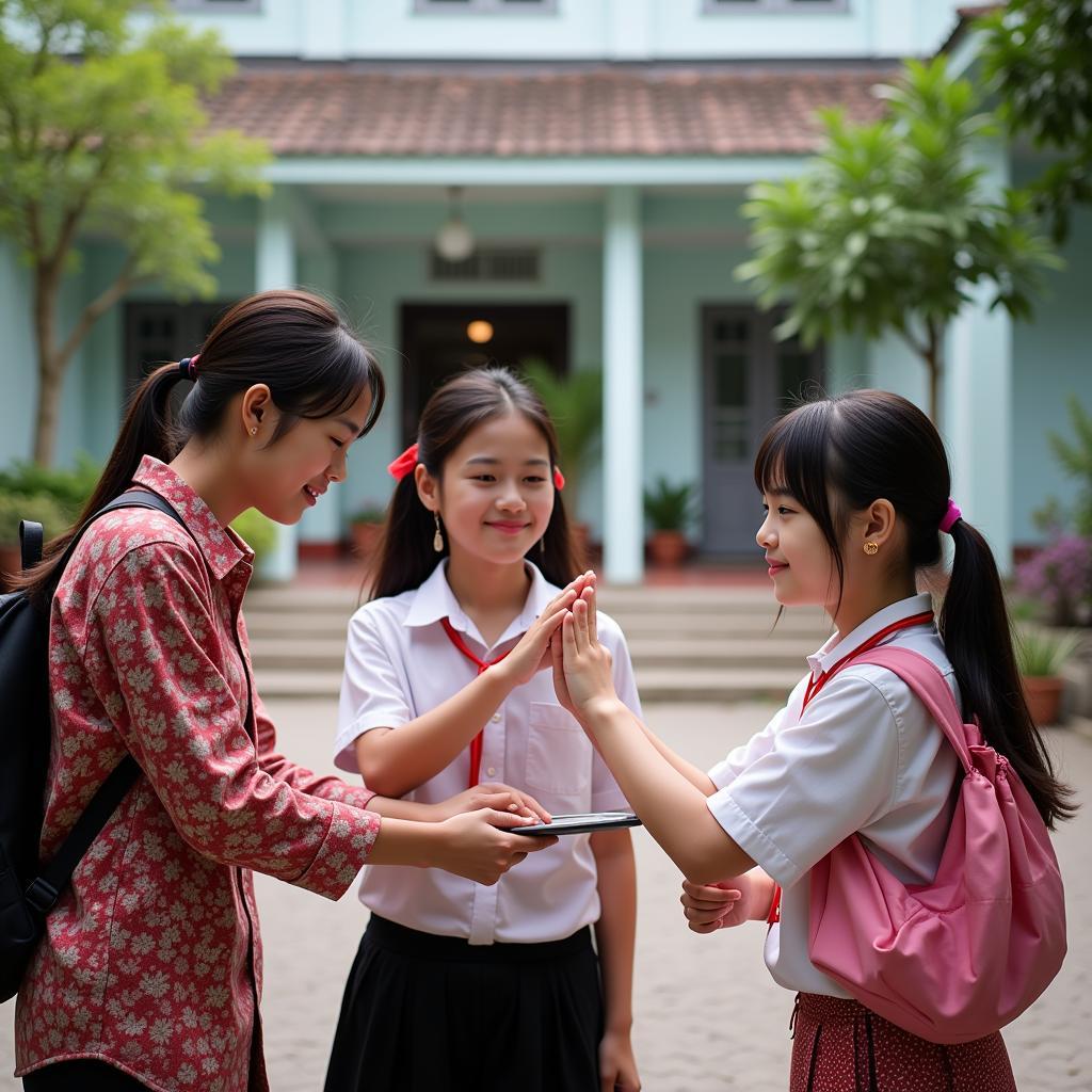 Hình ảnh học sinh chào thầy cô thể hiện truyền thống tôn sư trọng đạo