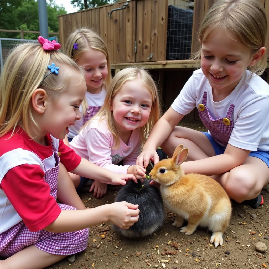 Các em nhỏ đang vui vẻ chăm sóc vật nuôi tại trang trại giáo dục Edufarm